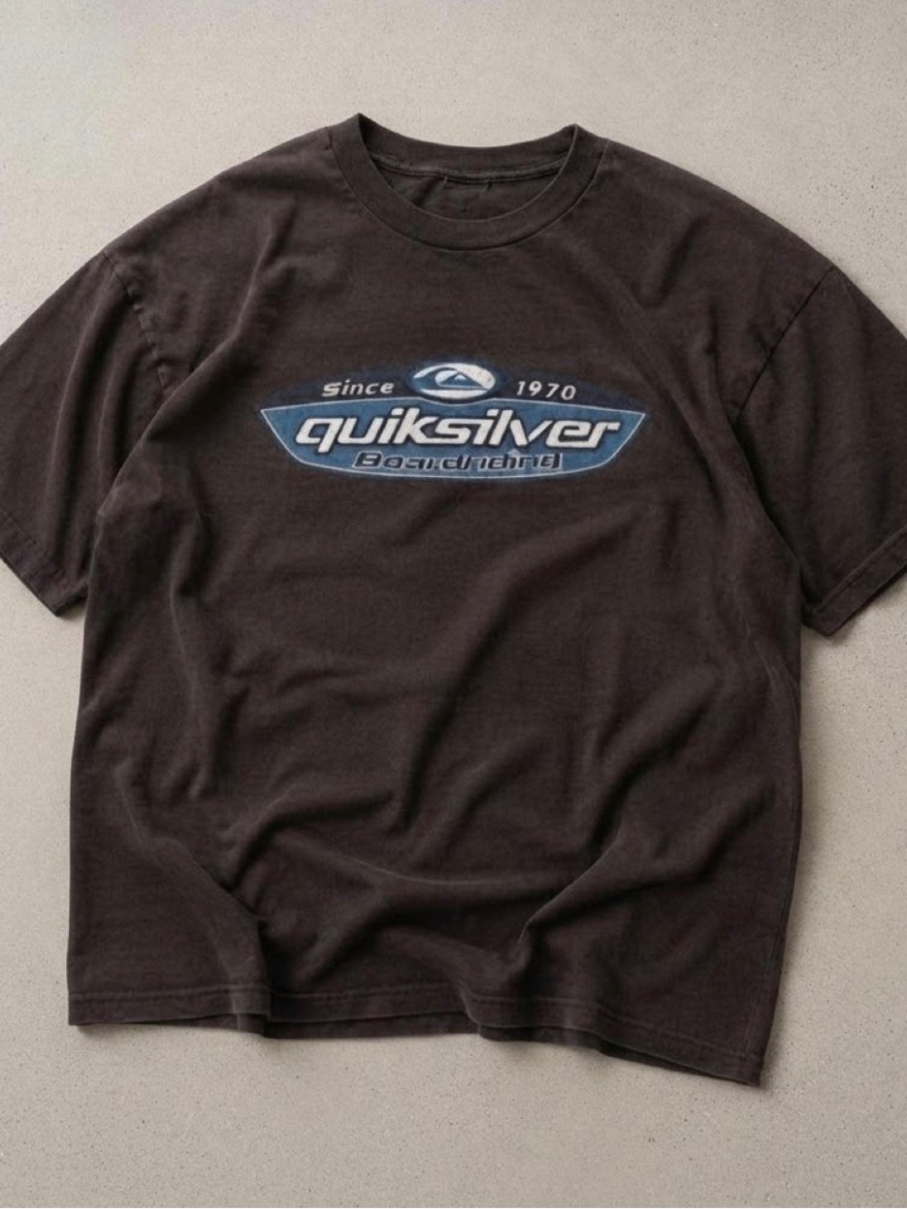 Brown Quiksilver Logo Tee with blue graphic